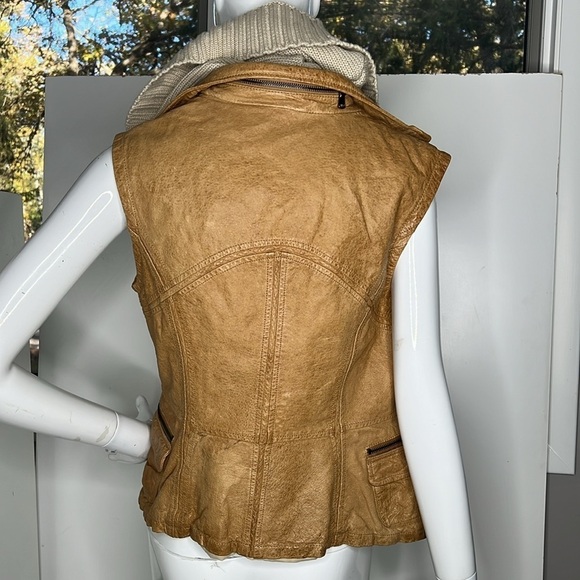 Jakett New York Sz M Tan Leather Vest Jacket with Detachable Knit Sweater Hood - Picture 2 of 9